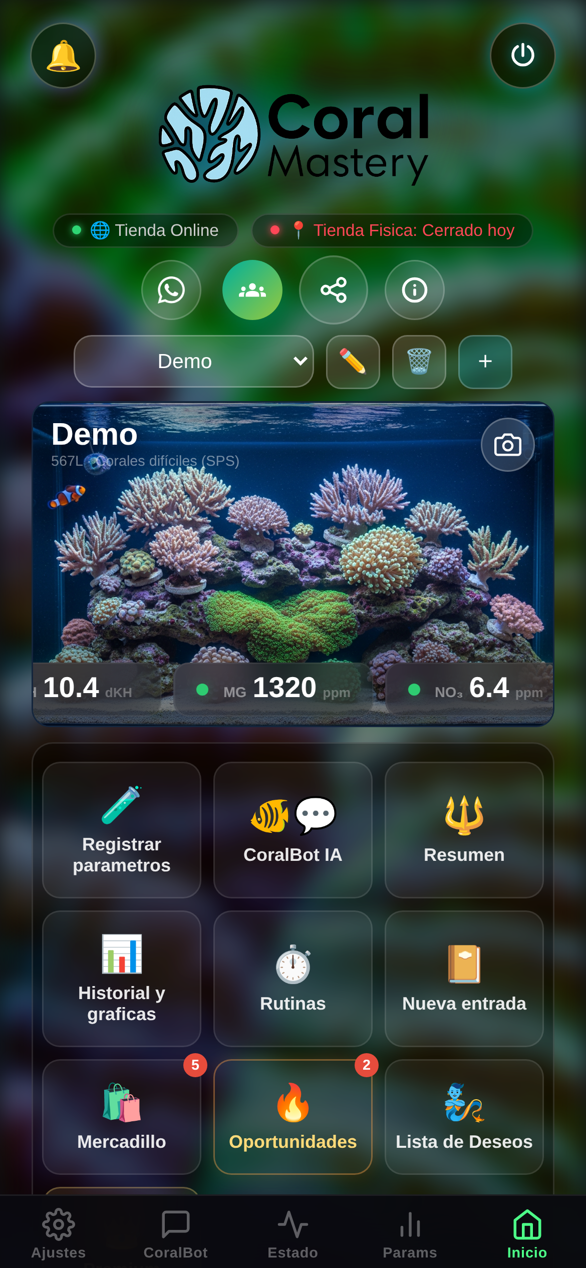 CoralMastery — pantalla principal con health score, parámetros y CoralBot